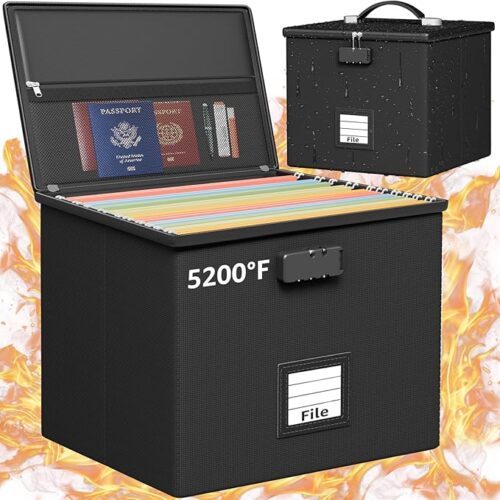 Fire Proof File Box for Documents - Portable Fireproof Document Organizer Box with Handle Waterproof Safe Locking Folder Storage with Lid