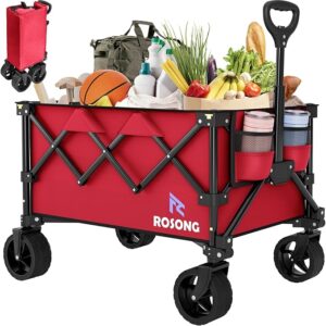 Folding Wagon Cart with Wheels Foldable - Collapsible Wagons Carts Heavy Duty, Fold Up Portable Utility Wagon for Grocery Beach Sports Fishing Camping Shopping Wine red